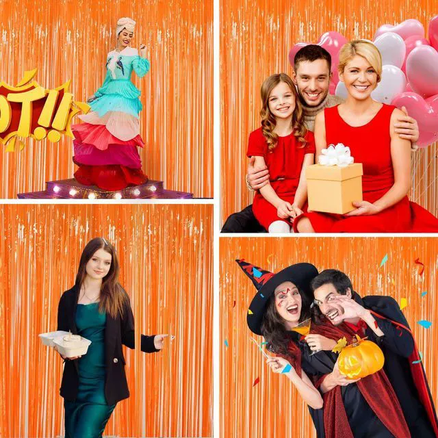 Alt view image 4 of 7 - Orange Fringe Backdrop 3.3x8.2ft, 2 Pack Foil Tinsel Curtains Decor | Metallic Streamers, Easy Peel-and-Stick Installation, Cuttable, for Halloween, Thanksgiving, Friendsgiving, Birthday Party