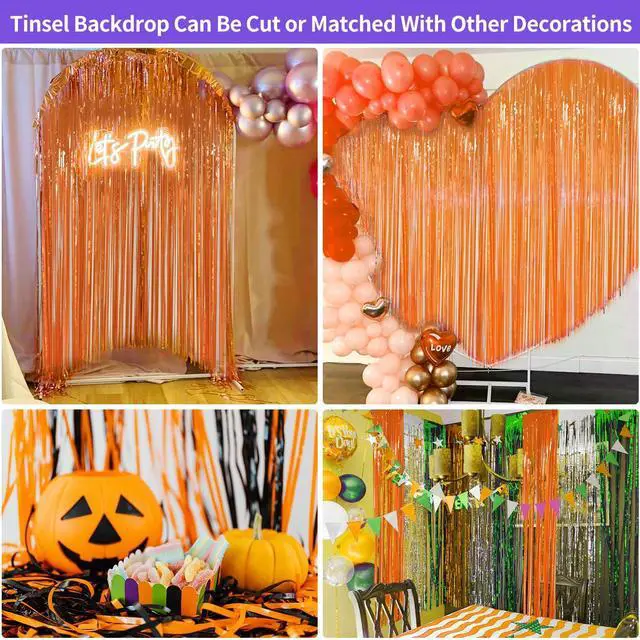 Alt view image 5 of 7 - Orange Fringe Backdrop 3.3x8.2ft, 2 Pack Foil Tinsel Curtains Decor | Metallic Streamers, Easy Peel-and-Stick Installation, Cuttable, for Halloween, Thanksgiving, Friendsgiving, Birthday Party