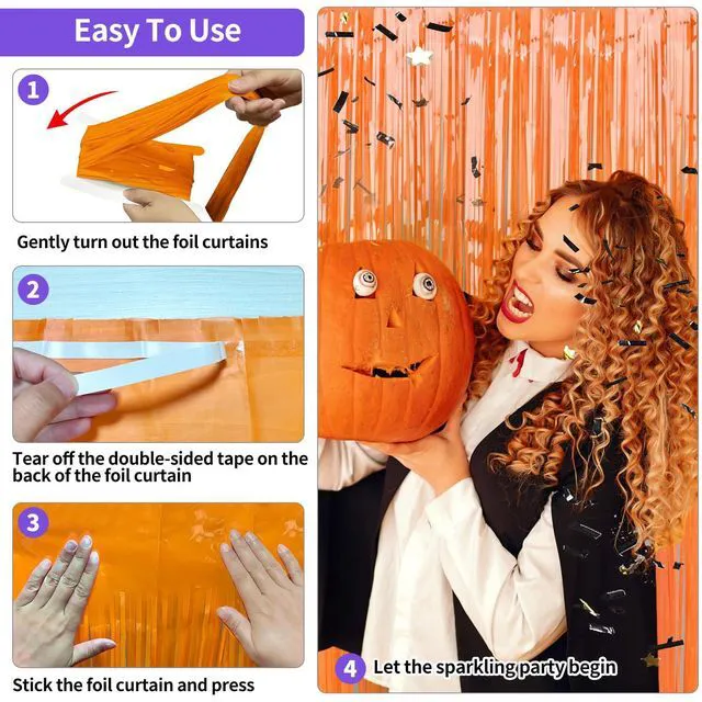 Alt view image 6 of 7 - Orange Fringe Backdrop 3.3x8.2ft, 2 Pack Foil Tinsel Curtains Decor | Metallic Streamers, Easy Peel-and-Stick Installation, Cuttable, for Halloween, Thanksgiving, Friendsgiving, Birthday Party