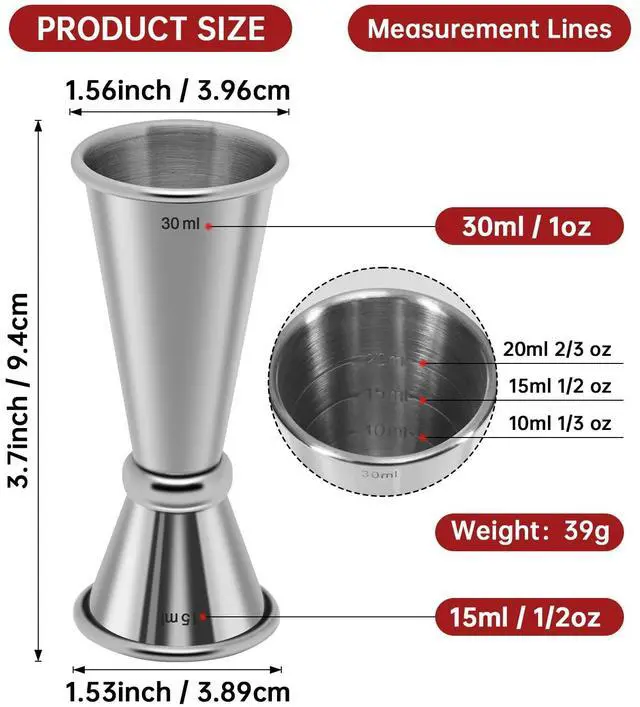Alt view image 2 of 6 - 15-30ml Jigger for Bartending,Japanese Professional Cocktail Jigger Premium 304 Stainless Steel Jigger Premium & Heavy-Duty 0.5OZ- 1 OZ with Dimensions Inside Bartending Measuring