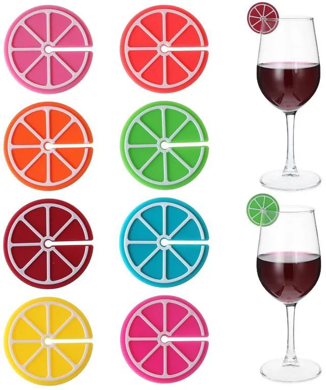 Main image of 8 PCS Lemon Slice Drink Markers for Glasses, Reusable Lemon Slice Shaped Wine Glass Pendant, Silicone Fruit Wine Glass Markers Washable, Perfect for Parties and Gifts