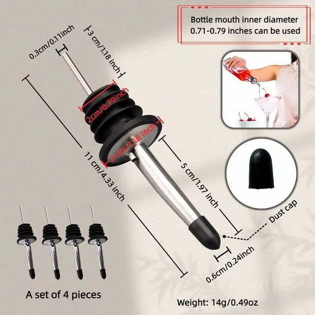 Alt view image 6 of 7 - 4PCS Premium Wine and Oil Pourer Set, 304 Stainless Steel Pour Spouts for Liquor & Oil - Reusable, Dishwasher Safe, Precision Flow Control, Leak-Proof Seal, Fit Most Wine & Whiskey Bottles (S (Hat1))