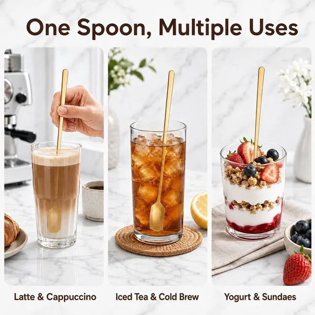 Alt view image 5 of 7 - Coffee Spoons Set of 6, 6.7-Inch Long Handle Espresso Spoons | Square-Head Stainless Steel Spoons for latte, cappuccino, iced tea and desserts; slim 0.55-inch heads fit deep cups.