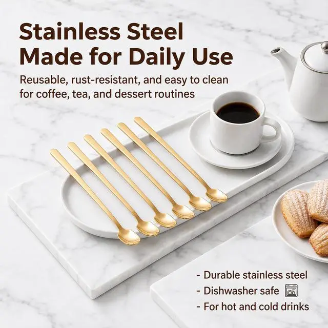 Alt view image 7 of 7 - Coffee Spoons Set of 6, 6.7-Inch Long Handle Espresso Spoons | Square-Head Stainless Steel Spoons for latte, cappuccino, iced tea and desserts; slim 0.55-inch heads fit deep cups.