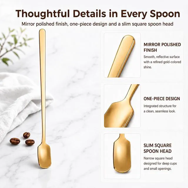 Alt view image 4 of 7 - Coffee Spoons Set of 6, 6.7-Inch Long Handle Espresso Spoons | Square-Head Stainless Steel Spoons for latte, cappuccino, iced tea and desserts; slim 0.55-inch heads fit deep cups.