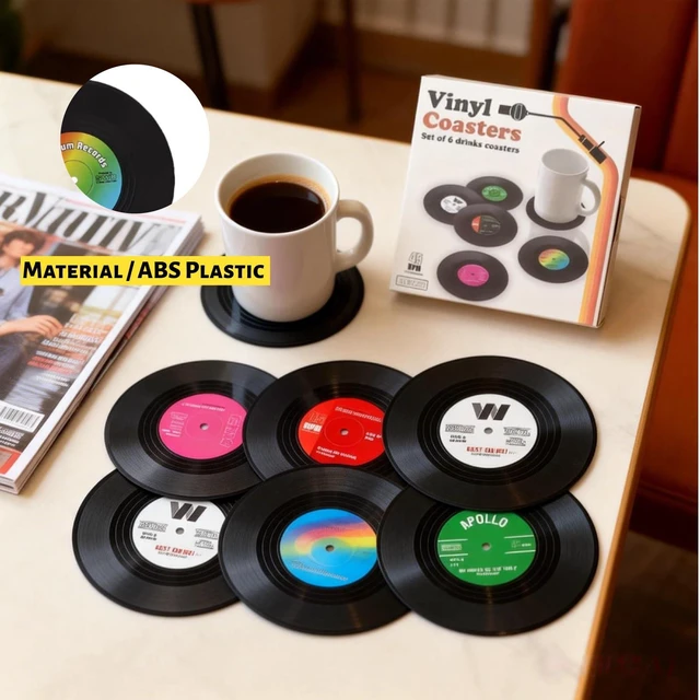 Alt view image 3 of 7 - 6 PCS Funny Retro Record Coasters for Drinks with Vinyl Player Holder 4.2 Inch for Music Lovers, Drinks, Bars, Party, Birthday, Home Decor Housewarming Ideas