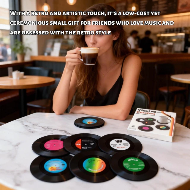 Alt view image 5 of 7 - 6 PCS Funny Retro Record Coasters for Drinks with Vinyl Player Holder 4.2 Inch for Music Lovers, Drinks, Bars, Party, Birthday, Home Decor Housewarming Ideas