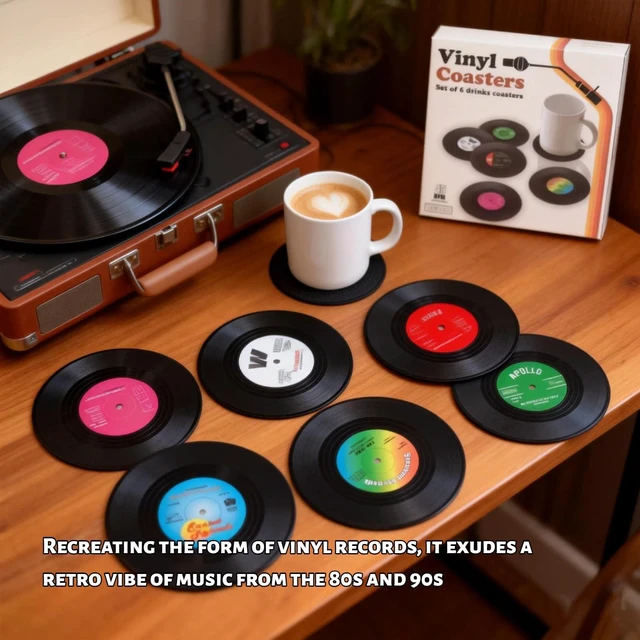 Alt view image 6 of 7 - 6 PCS Funny Retro Record Coasters for Drinks with Vinyl Player Holder 4.2 Inch for Music Lovers, Drinks, Bars, Party, Birthday, Home Decor Housewarming Ideas