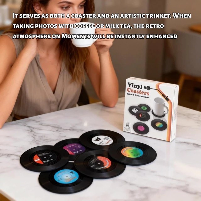 Alt view image 7 of 7 - 6 PCS Funny Retro Record Coasters for Drinks with Vinyl Player Holder 4.2 Inch for Music Lovers, Drinks, Bars, Party, Birthday, Home Decor Housewarming Ideas