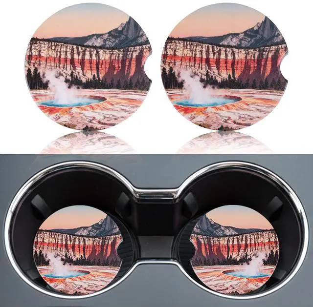 Main image of 2 Pack Car Coasters for Cup Holders, Absorbent Ceramic Stone Cup Coaster with Non-slip Cork Base and Finger Notch, Yellowstone Volcano Landscape Auto Interior Accessories,Universal Fit 2.59 In