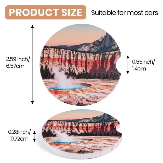 Alt view image 2 of 7 - 2 Pack Car Coasters for Cup Holders, Absorbent Ceramic Stone Cup Coaster with Non-slip Cork Base and Finger Notch, Yellowstone Volcano Landscape Auto Interior Accessories,Universal Fit 2.59 In