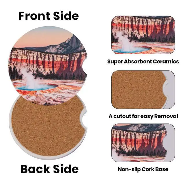 Alt view image 3 of 7 - 2 Pack Car Coasters for Cup Holders, Absorbent Ceramic Stone Cup Coaster with Non-slip Cork Base and Finger Notch, Yellowstone Volcano Landscape Auto Interior Accessories,Universal Fit 2.59 In