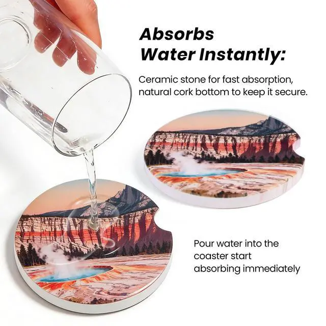 Alt view image 4 of 7 - 2 Pack Car Coasters for Cup Holders, Absorbent Ceramic Stone Cup Coaster with Non-slip Cork Base and Finger Notch, Yellowstone Volcano Landscape Auto Interior Accessories,Universal Fit 2.59 In