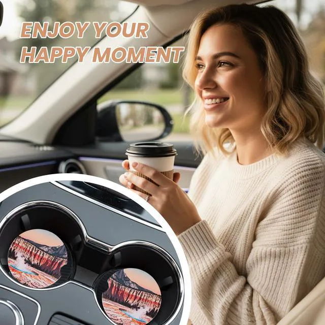 Alt view image 6 of 7 - 2 Pack Car Coasters for Cup Holders, Absorbent Ceramic Stone Cup Coaster with Non-slip Cork Base and Finger Notch, Yellowstone Volcano Landscape Auto Interior Accessories,Universal Fit 2.59 In
