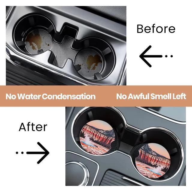Alt view image 7 of 7 - 2 Pack Car Coasters for Cup Holders, Absorbent Ceramic Stone Cup Coaster with Non-slip Cork Base and Finger Notch, Yellowstone Volcano Landscape Auto Interior Accessories,Universal Fit 2.59 In