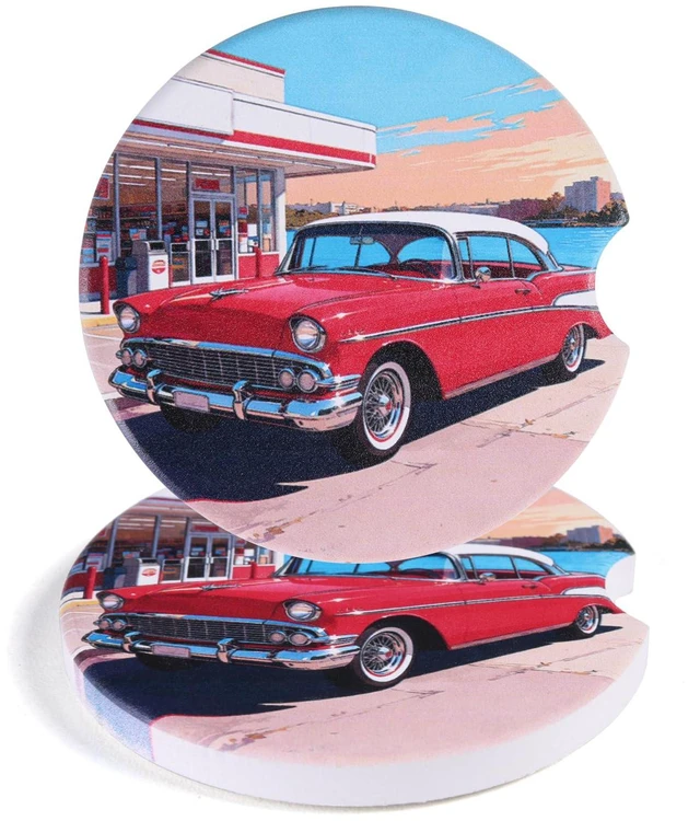 Main image of 2 Pack Car Coasters for Cup Holders, Absorbent Ceramic Stone Cup Coaster with Non-Slip Cork Base&Finger Notch, Vintage Classic Red Car Gas Station Auto Interior Accessories, Universal 2.59 in