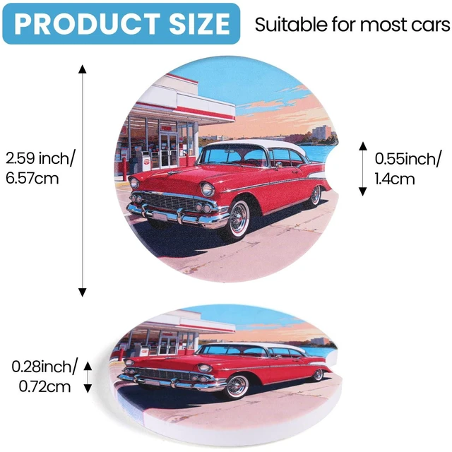 Alt view image 2 of 7 - 2 Pack Car Coasters for Cup Holders, Absorbent Ceramic Stone Cup Coaster with Non-Slip Cork Base&Finger Notch, Vintage Classic Red Car Gas Station Auto Interior Accessories, Universal 2.59 in