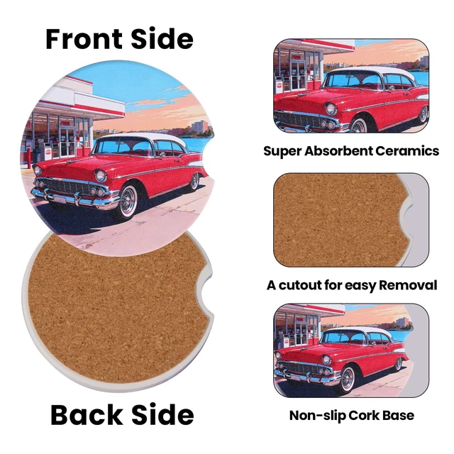 Alt view image 3 of 7 - 2 Pack Car Coasters for Cup Holders, Absorbent Ceramic Stone Cup Coaster with Non-Slip Cork Base&Finger Notch, Vintage Classic Red Car Gas Station Auto Interior Accessories, Universal 2.59 in