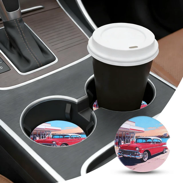 Alt view image 5 of 7 - 2 Pack Car Coasters for Cup Holders, Absorbent Ceramic Stone Cup Coaster with Non-Slip Cork Base&Finger Notch, Vintage Classic Red Car Gas Station Auto Interior Accessories, Universal 2.59 in