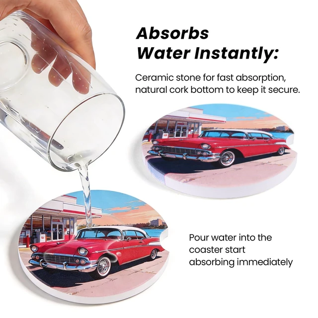 Alt view image 4 of 7 - 2 Pack Car Coasters for Cup Holders, Absorbent Ceramic Stone Cup Coaster with Non-Slip Cork Base&Finger Notch, Vintage Classic Red Car Gas Station Auto Interior Accessories, Universal 2.59 in