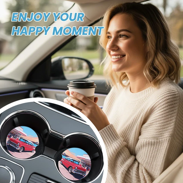 Alt view image 6 of 7 - 2 Pack Car Coasters for Cup Holders, Absorbent Ceramic Stone Cup Coaster with Non-Slip Cork Base&Finger Notch, Vintage Classic Red Car Gas Station Auto Interior Accessories, Universal 2.59 in
