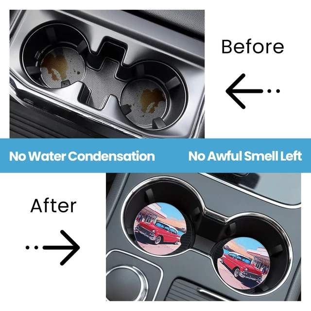 Alt view image 7 of 7 - 2 Pack Car Coasters for Cup Holders, Absorbent Ceramic Stone Cup Coaster with Non-Slip Cork Base&Finger Notch, Vintage Classic Red Car Gas Station Auto Interior Accessories, Universal 2.59 in