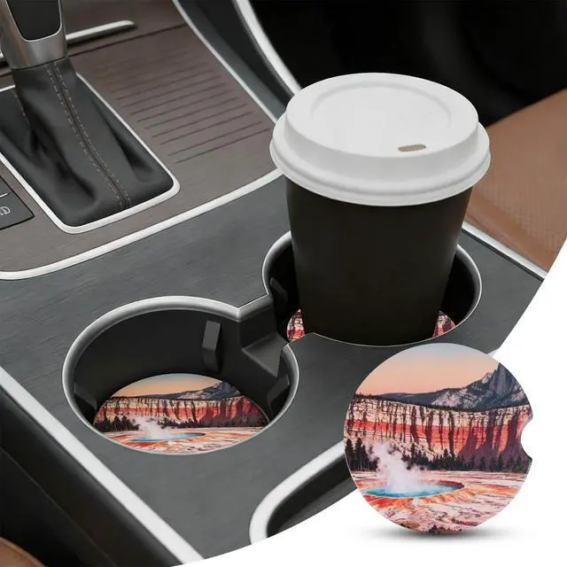 Alt view image 5 of 7 - 2 Pack Car Coasters for Cup Holders, Absorbent Ceramic Stone Cup Coaster with Non-slip Cork Base and Finger Notch, Yellowstone Volcano Landscape Auto Interior Accessories,Universal Fit 2.59 In