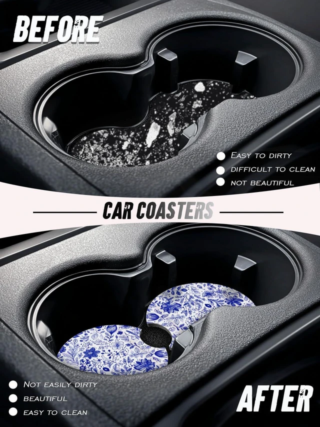 Alt view image 4 of 6 - Car Cup Coasters,2 Pack Car Coaster, Blue and White Flower | 2.75inch Anti Slip and Absorbent Cars Coasters for Cup Holders,Car Accessories for Women,Cute Decor for Women