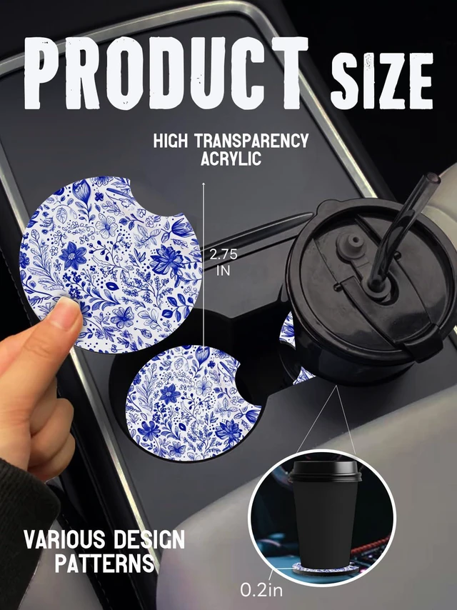 Alt view image 5 of 6 - Car Cup Coasters,2 Pack Car Coaster, Blue and White Flower | 2.75inch Anti Slip and Absorbent Cars Coasters for Cup Holders,Car Accessories for Women,Cute Decor for Women
