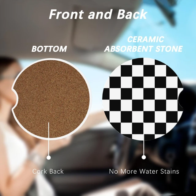 Alt view image 4 of 6 - 2 Pack Car Cup Holder Checkered Coasters Absorbent Ceramic Coaster for Cup Holders Fashion Car Interior Accessories for Men Drink Coaster for Women
