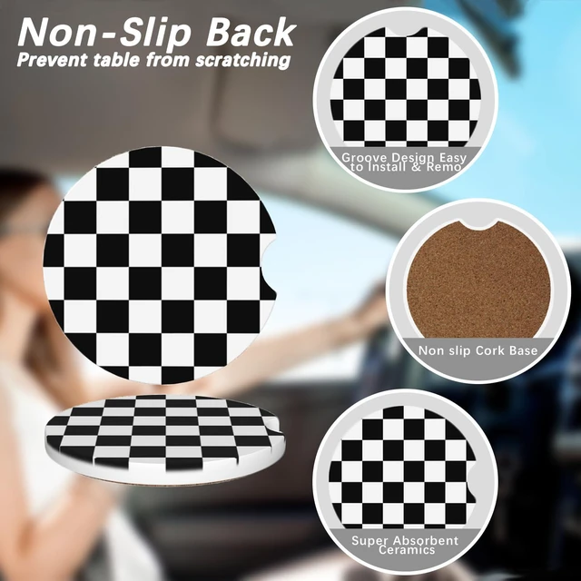 Alt view image 5 of 6 - 2 Pack Car Cup Holder Checkered Coasters Absorbent Ceramic Coaster for Cup Holders Fashion Car Interior Accessories for Men Drink Coaster for Women