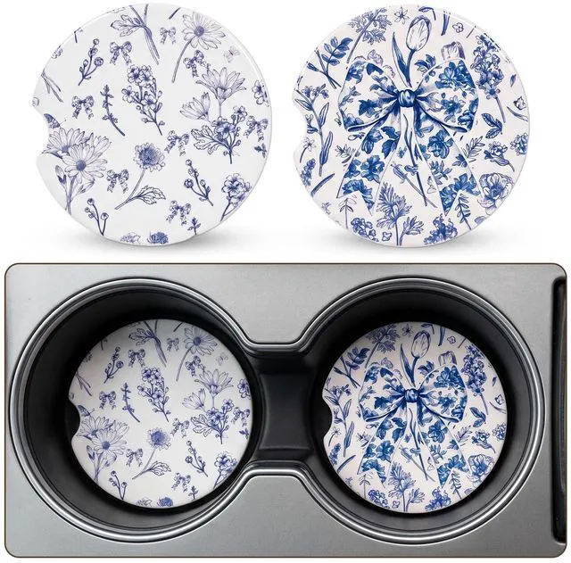 Main image of Car Coasters for Cup Holders - 2 Pack Vintage Blue Flower Cup Holder Coasters for Car with Finger Notch, 2.56 Inch Bow Cars Ceramic Interior Accessories with Cork Base for Women Men