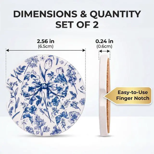 Alt view image 2 of 6 - Car Coasters for Cup Holders - 2 Pack Vintage Blue Flower Cup Holder Coasters for Car with Finger Notch, 2.56 Inch Bow Cars Ceramic Interior Accessories with Cork Base for Women Men