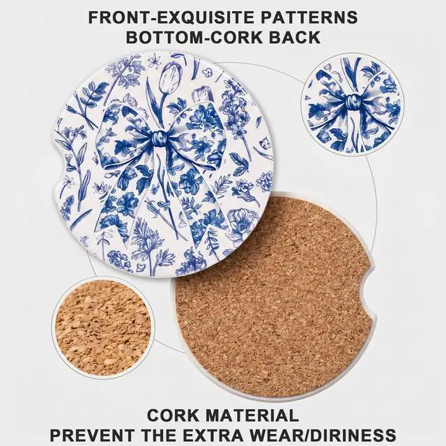 Alt view image 3 of 6 - Car Coasters for Cup Holders - 2 Pack Vintage Blue Flower Cup Holder Coasters for Car with Finger Notch, 2.56 Inch Bow Cars Ceramic Interior Accessories with Cork Base for Women Men