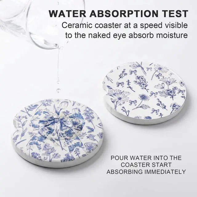 Alt view image 4 of 6 - Car Coasters for Cup Holders - 2 Pack Vintage Blue Flower Cup Holder Coasters for Car with Finger Notch, 2.56 Inch Bow Cars Ceramic Interior Accessories with Cork Base for Women Men