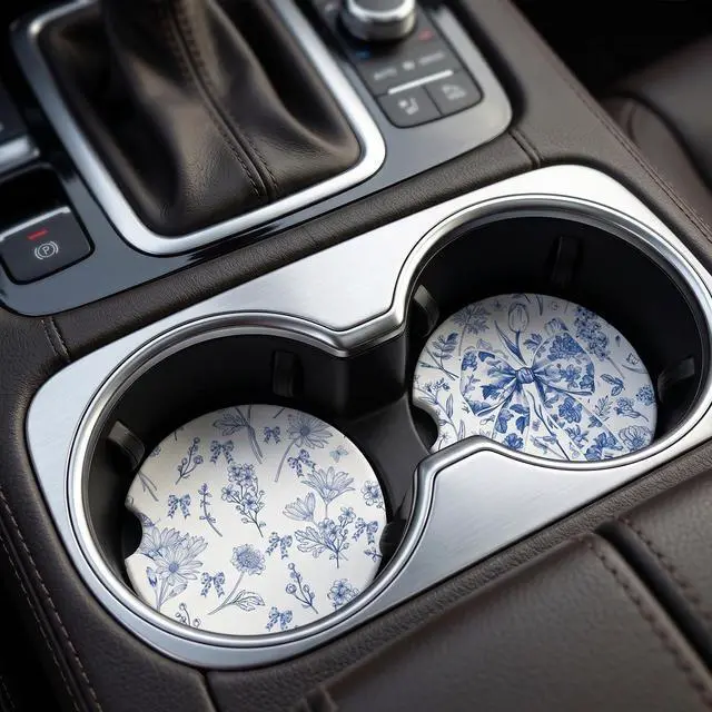 Alt view image 5 of 6 - Car Coasters for Cup Holders - 2 Pack Vintage Blue Flower Cup Holder Coasters for Car with Finger Notch, 2.56 Inch Bow Cars Ceramic Interior Accessories with Cork Base for Women Men