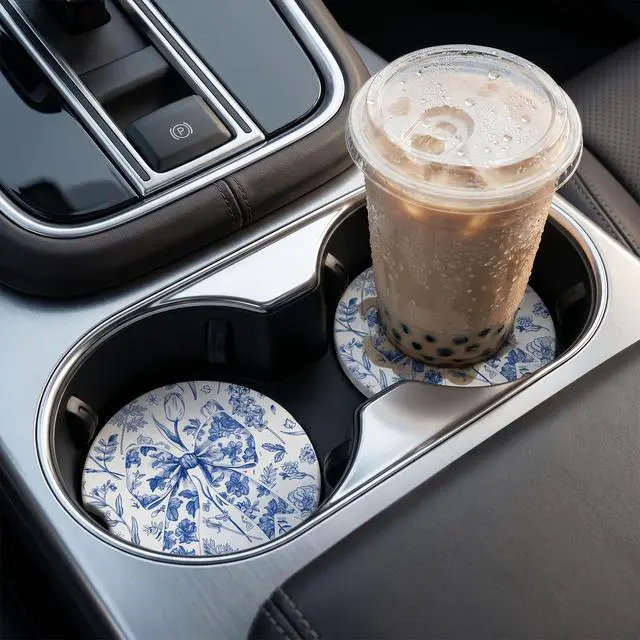 Alt view image 6 of 6 - Car Coasters for Cup Holders - 2 Pack Vintage Blue Flower Cup Holder Coasters for Car with Finger Notch, 2.56 Inch Bow Cars Ceramic Interior Accessories with Cork Base for Women Men