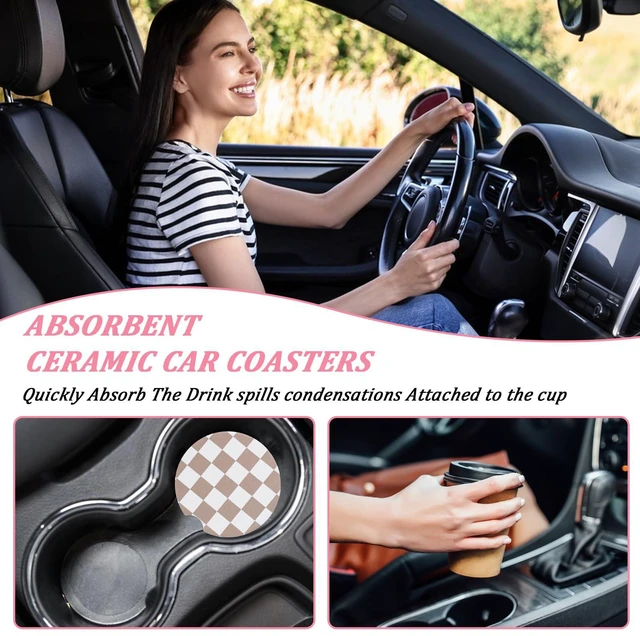 Alt view image 4 of 7 - 2Pcs Car Coasters for Cup Holders, Absorbent Ceramic Car Cup Coaster | Universal Anti Slip Cork Base Cup Coasters with Finger Notch Car Interior Accessories for Women
