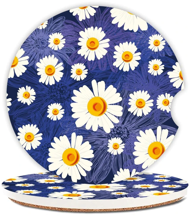 Main image of White Flowers Car Coasters for Drinks Absorbent,2 Pack Cup Holders,2.56" Ceramic Stone & Non-Scratch Cork Base Coasters,Auto Accessories for Women & Men.
