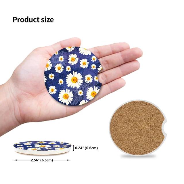 Alt view image 2 of 7 - White Flowers Car Coasters for Drinks Absorbent,2 Pack Cup Holders,2.56" Ceramic Stone & Non-Scratch Cork Base Coasters,Auto Accessories for Women & Men.