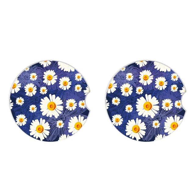 Alt view image 3 of 7 - White Flowers Car Coasters for Drinks Absorbent,2 Pack Cup Holders,2.56" Ceramic Stone & Non-Scratch Cork Base Coasters,Auto Accessories for Women & Men.