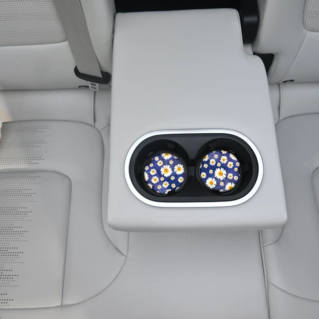 Alt view image 4 of 7 - White Flowers Car Coasters for Drinks Absorbent,2 Pack Cup Holders,2.56" Ceramic Stone & Non-Scratch Cork Base Coasters,Auto Accessories for Women & Men.