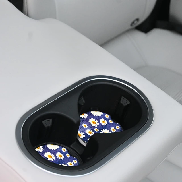 Alt view image 5 of 7 - White Flowers Car Coasters for Drinks Absorbent,2 Pack Cup Holders,2.56" Ceramic Stone & Non-Scratch Cork Base Coasters,Auto Accessories for Women & Men.