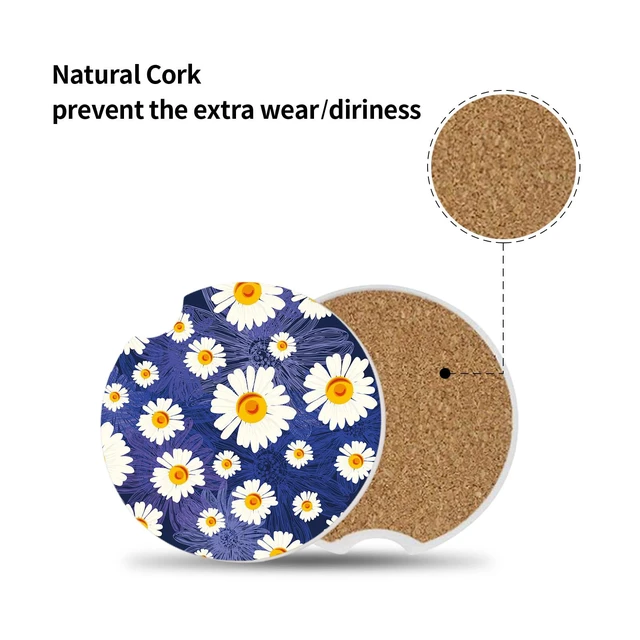 Alt view image 7 of 7 - White Flowers Car Coasters for Drinks Absorbent,2 Pack Cup Holders,2.56" Ceramic Stone & Non-Scratch Cork Base Coasters,Auto Accessories for Women & Men.