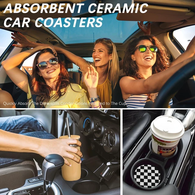 Alt view image 6 of 6 - 2 Pack Car Cup Holder Checkered Coasters Absorbent Ceramic Coaster for Cup Holders Fashion Car Interior Accessories for Men Drink Coaster for Women