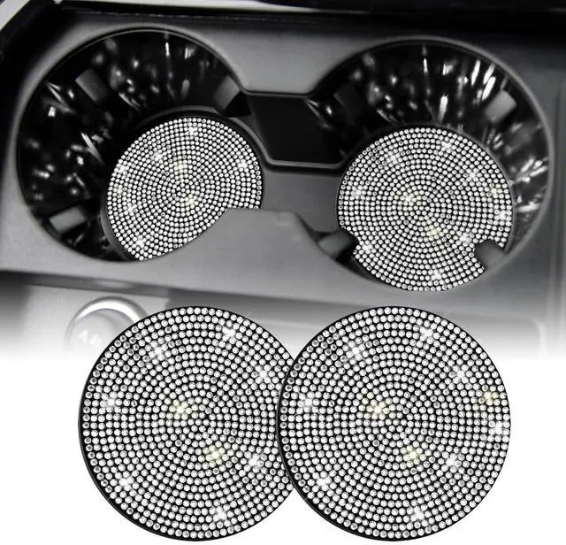Main image of Bling Cup Holder Coasters for Car, 2PCS Universal Non-Slip Cup Holder, Embedded Decorative Coasters, Shiny Crystal Car Interior Accessories Gifts for Women (White)
