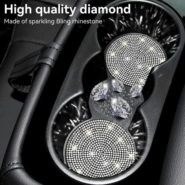 Alt view image 5 of 7 - Bling Cup Holder Coasters for Car, 2PCS Universal Non-Slip Cup Holder, Embedded Decorative Coasters, Shiny Crystal Car Interior Accessories Gifts for Women (White)