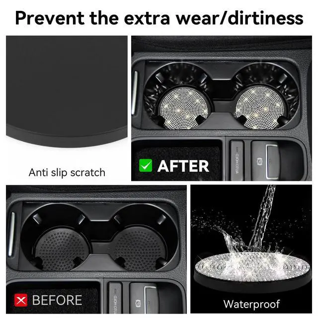 Alt view image 6 of 7 - Bling Cup Holder Coasters for Car, 2PCS Universal Non-Slip Cup Holder, Embedded Decorative Coasters, Shiny Crystal Car Interior Accessories Gifts for Women (White)