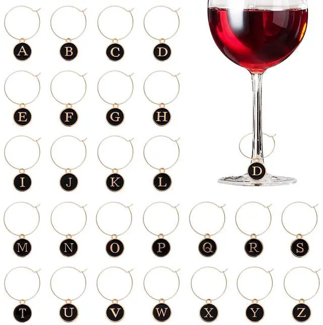 Main image of 26 Letters Black Wine Glass Charm Rings | Initial Wine Charms Ring Tags for Stem Glasses, Classy Marker Champagne Party Club Decorations
