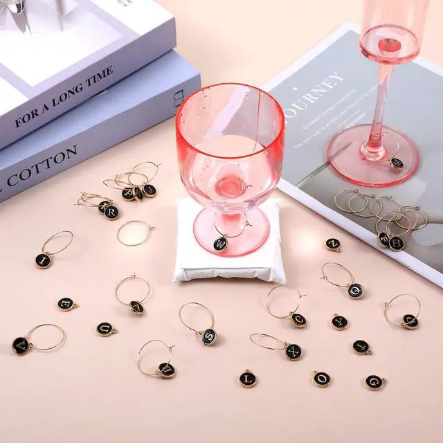Alt view image 4 of 6 - 26 Letters Black Wine Glass Charm Rings | Initial Wine Charms Ring Tags for Stem Glasses, Classy Marker Champagne Party Club Decorations